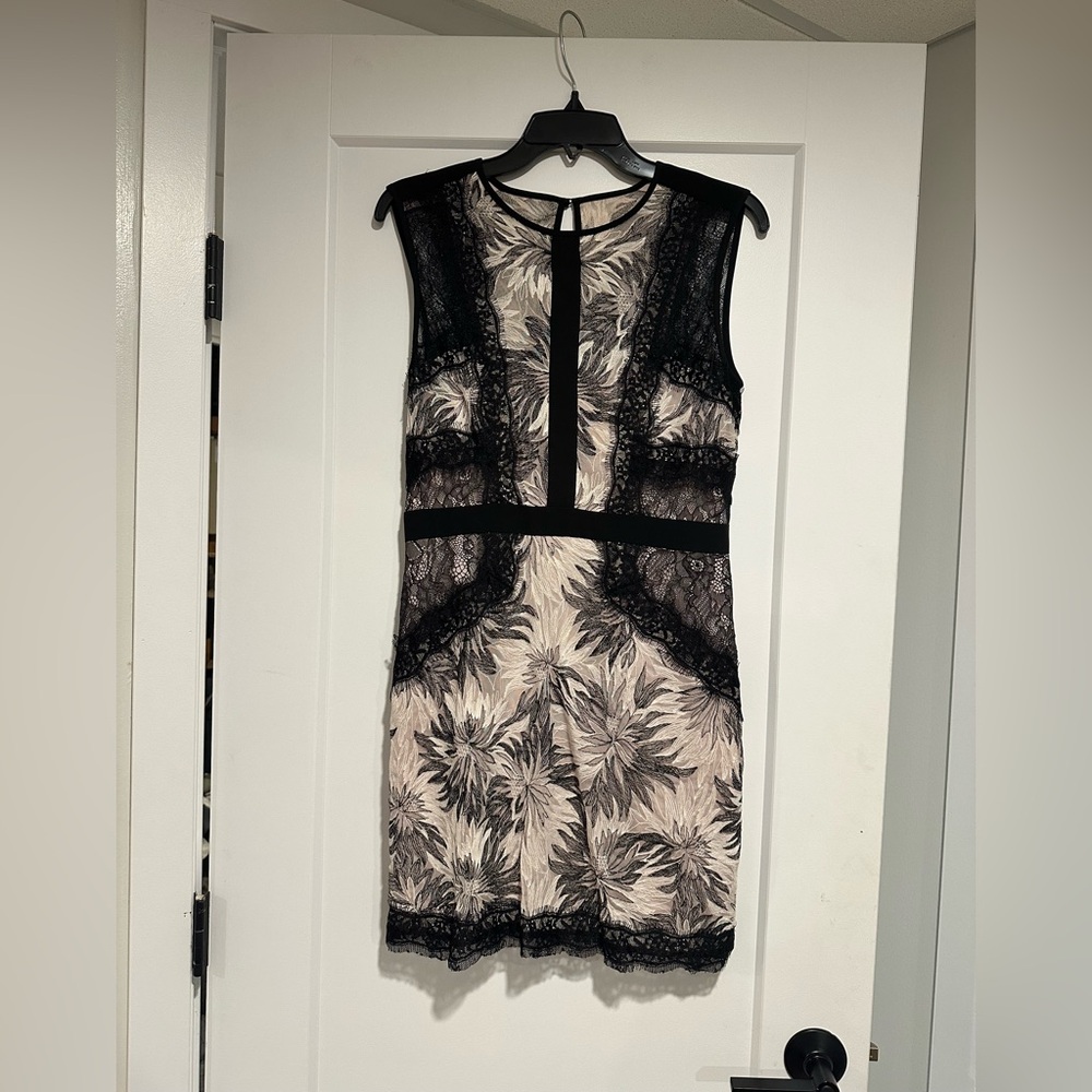 BCBGMaxAzria Black and Cream Floral Lace Midi Dress